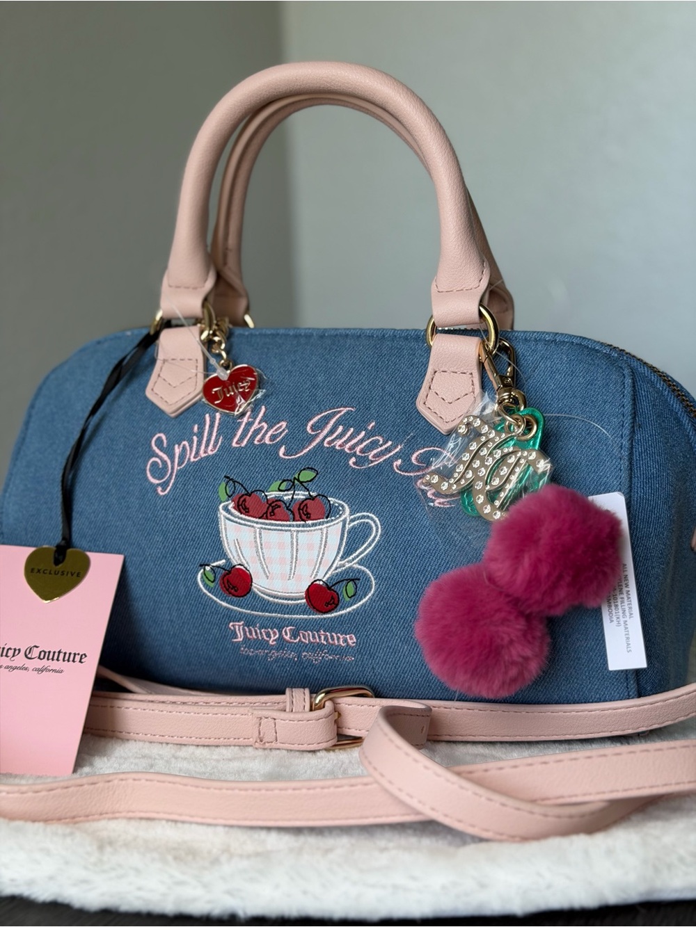 Juicy Couture Sweet Tea Party Satchel barrel bag purse pink denim spill the tea